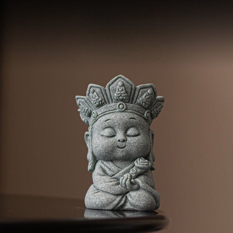 Cute "Wishes" monk statue holding a Ruyi scepter