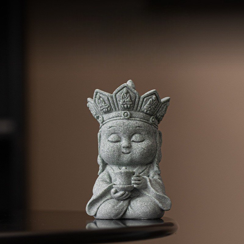 Cute "Calm" monk statue tea pet holding a cup