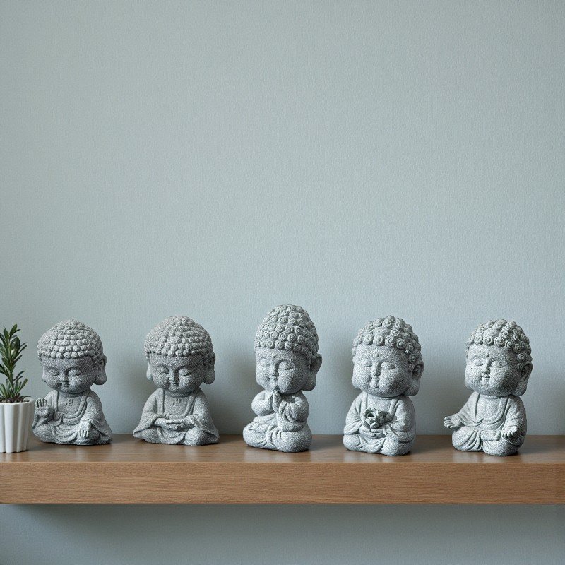 Set of five little buddha statues in green sandstone