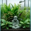 A close-up shot of a serene stone Buddha statue placed inside a glass aquarium. The statue is surrounded by green aquatic plants, dark soil, and small neon tetra fish swimming nearby, creating a peaceful underwater scene.