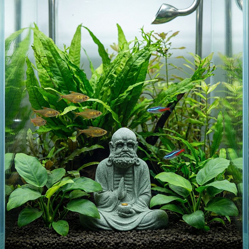 A close-up shot of a serene stone Buddha statue placed inside a glass aquarium. The statue is surrounded by green aquatic plants, dark soil, and small neon tetra fish swimming nearby, creating a peaceful underwater scene.