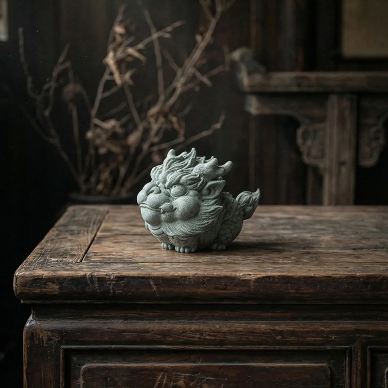qilin-table Cyan Sandstone Chubby Qilin | Zen Wealth Figurine
