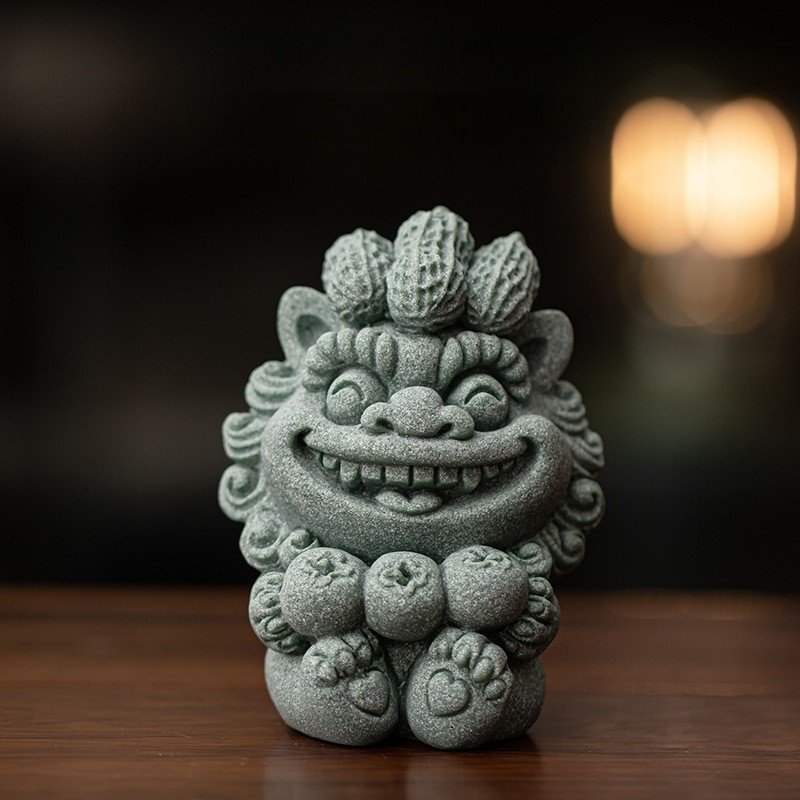 三生三柿 Cute Foo Dog Tea Pet Collection - Green Sandstone Feng Shui Statues
