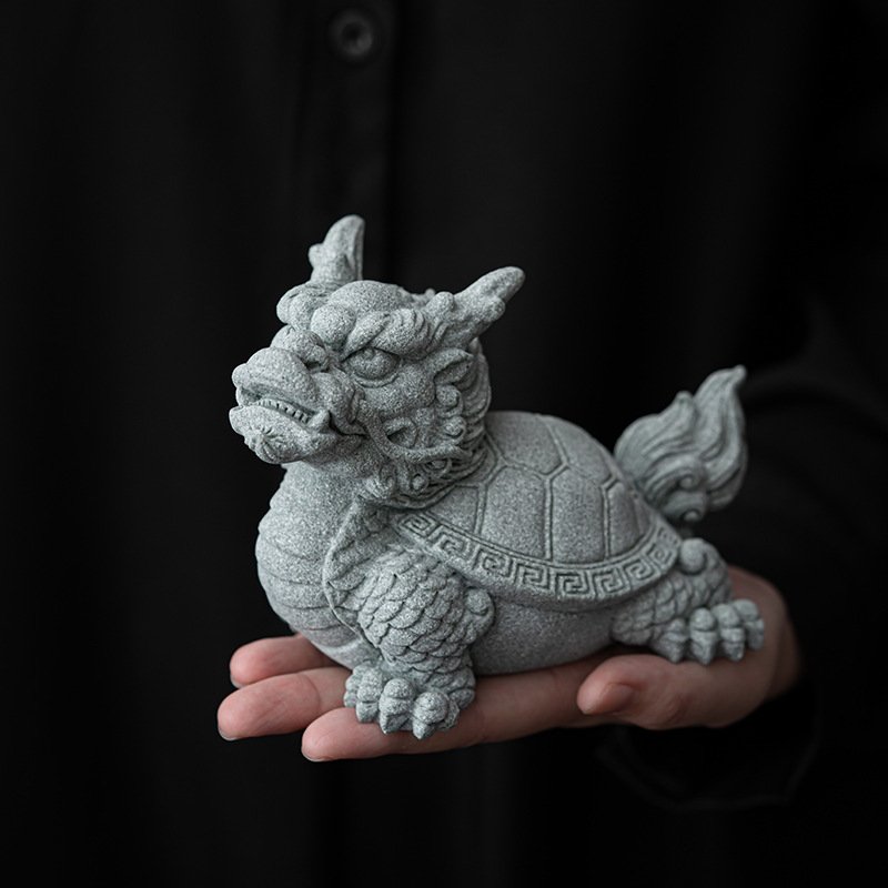 主图-02 Mythical Dragon Turtle Guardian | Hand-Carved Cyan Sandstone Wealth Totem