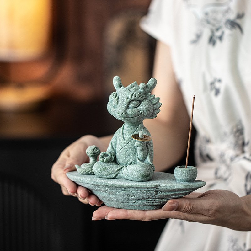 Hand-Carved Cyan Sandstone Zen Dragon Master | Mindful Wealth & Prosperity Guardian