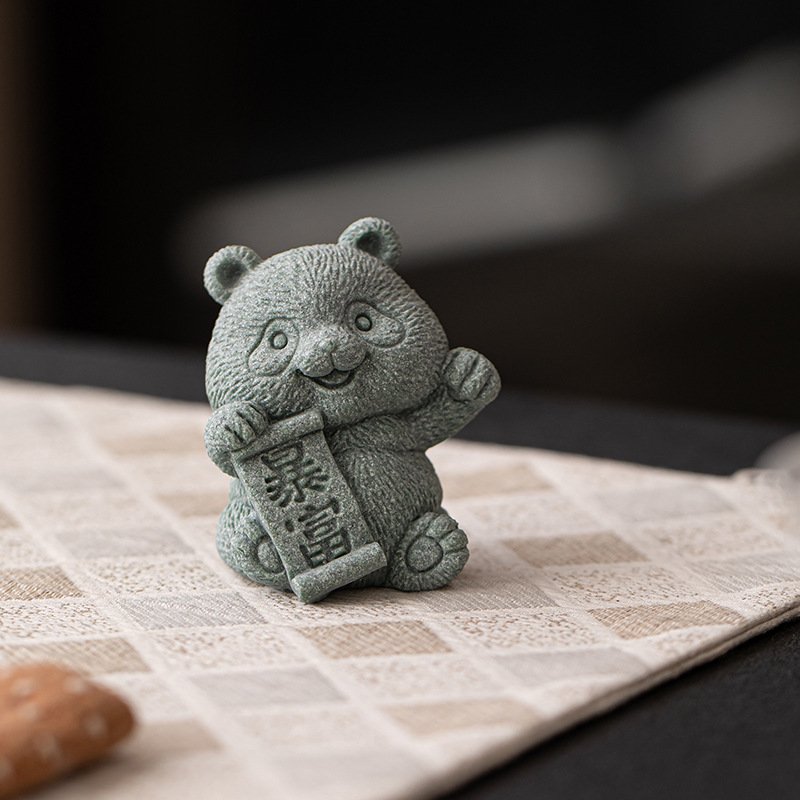 Cyan Sandstone Joyful Panda | Wealth & Luck Decor