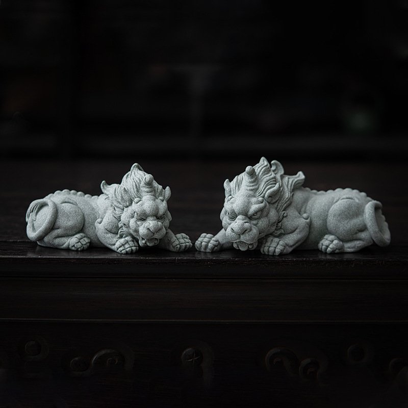Hand-Carved Cyan Sandstone Pixiu Pair | Ancient Wealth Guardian & Energy Shield