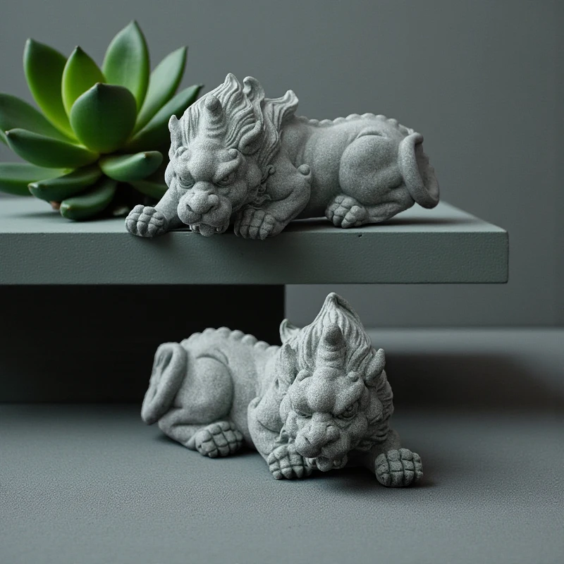 Hand-Carved Cyan Sandstone Pixiu Pair | Ancient Wealth Guardian & Energy Shield