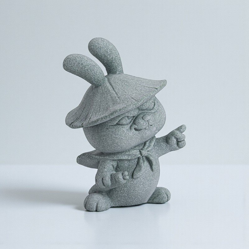 Green sandstone rabbit statue wearing a conical hat and pointing forward, kung fu style.