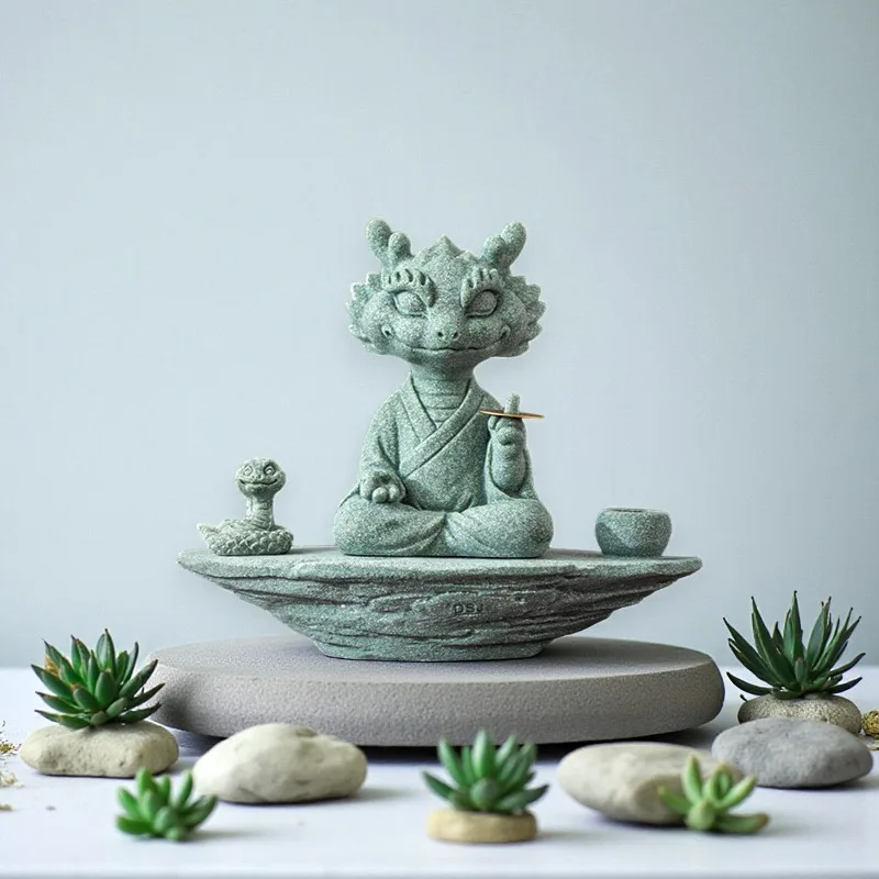 Hand-Carved Cyan Sandstone Zen Dragon Master | Mindful Wealth & Prosperity Guardian