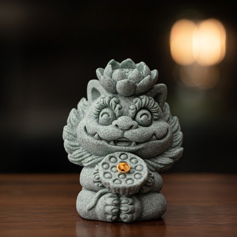 好运莲莲 Cute Foo Dog Tea Pet Collection - Green Sandstone Feng Shui Statues