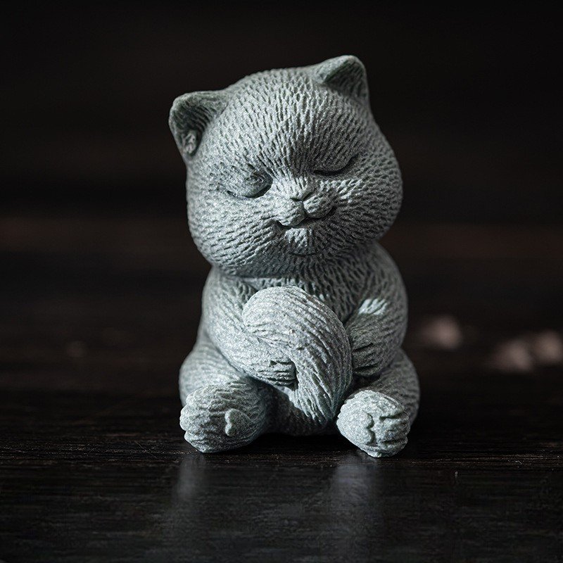 悠闲猫 Zen Meow: Hand-Carved Green Sandstone Tea Pet Figurines (Healing & Lucky)