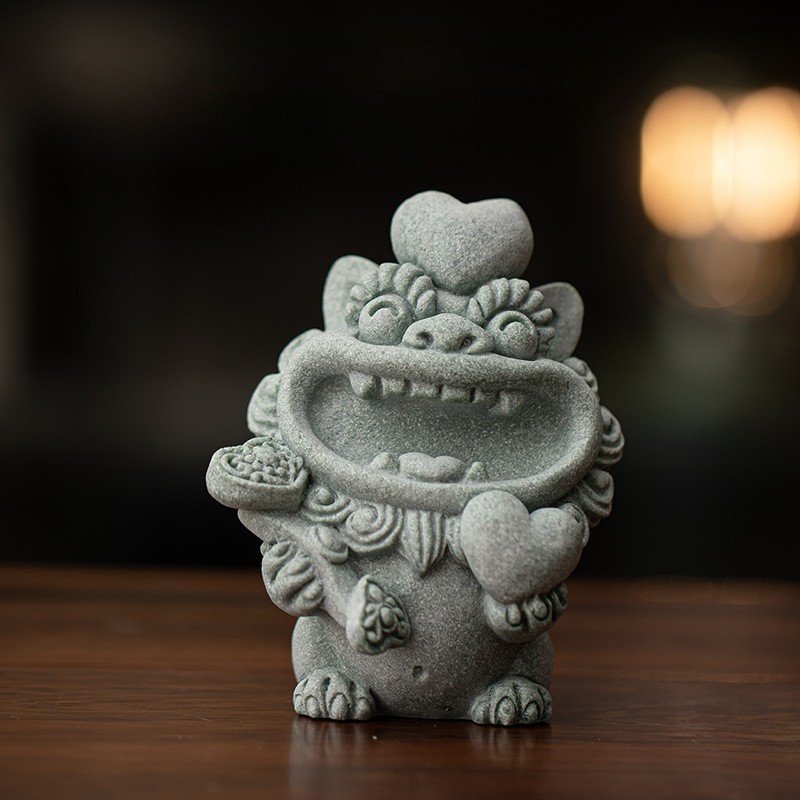 称心如意 Cute Foo Dog Tea Pet Collection - Green Sandstone Feng Shui Statues