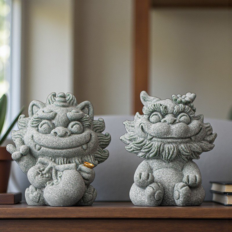 组合 Hand-Carved Cyan Sandstone Happy Dragon | Wealth & Joy Guardian