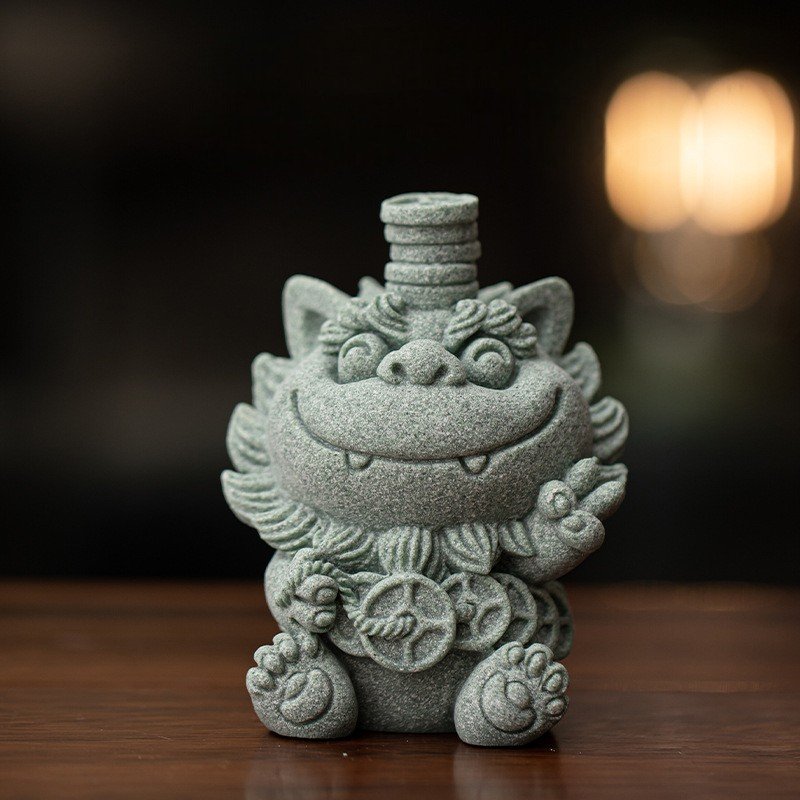 腰缠万贯 Cute Foo Dog Tea Pet Collection - Green Sandstone Feng Shui Statues