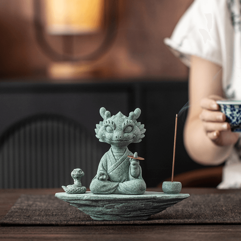 Hand-Carved Cyan Sandstone Zen Dragon Master | Mindful Wealth & Prosperity Guardian