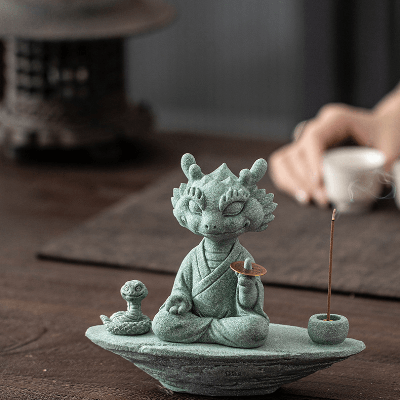 Hand-Carved Cyan Sandstone Zen Dragon Master | Mindful Wealth & Prosperity Guardian