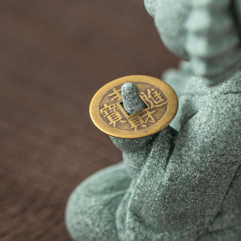 Hand-Carved Cyan Sandstone Zen Dragon Master | Mindful Wealth & Prosperity Guardian