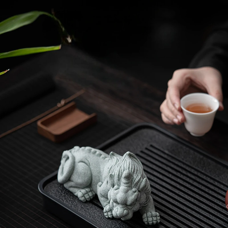 Hand-Carved Cyan Sandstone Pixiu Pair | Ancient Wealth Guardian & Energy Shield