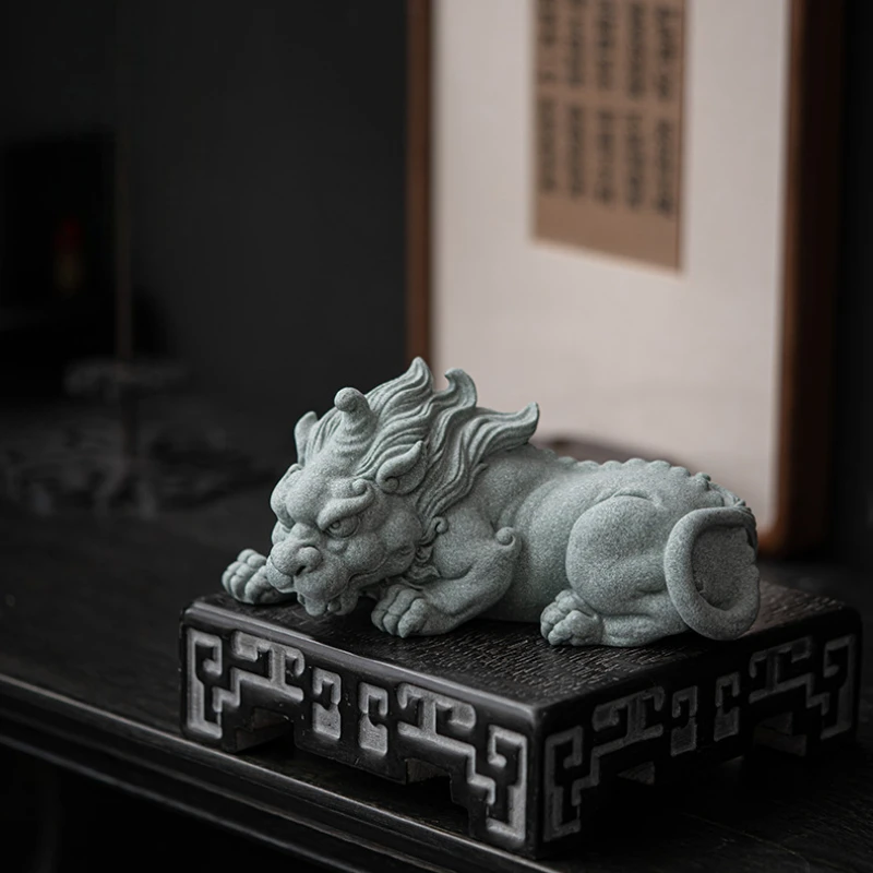 Hand-Carved Cyan Sandstone Pixiu Pair | Ancient Wealth Guardian & Energy Shield