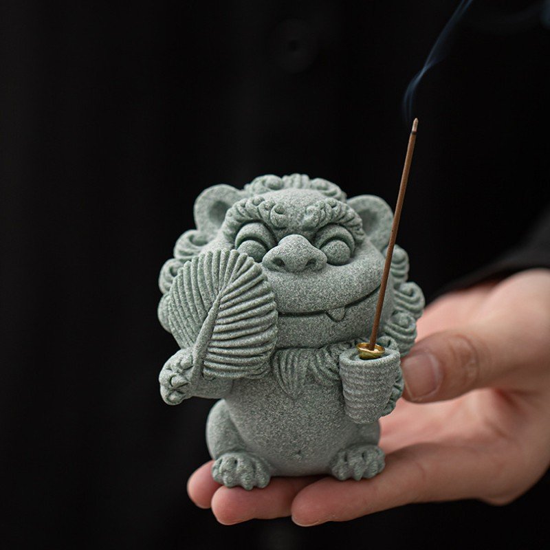 详情-17 Cute Foo Dog Tea Pet Collection - Green Sandstone Feng Shui Statues
