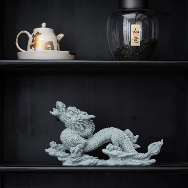 详情-17 Hand-Carved Cyan Sandstone Soaring Dragon | Majestic Success & Power Totem