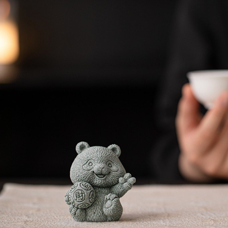 Cyan Sandstone Joyful Panda | Wealth & Luck Decor