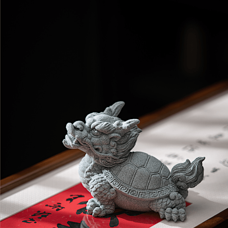 详情-18 Mythical Dragon Turtle Guardian | Hand-Carved Cyan Sandstone Wealth Totem