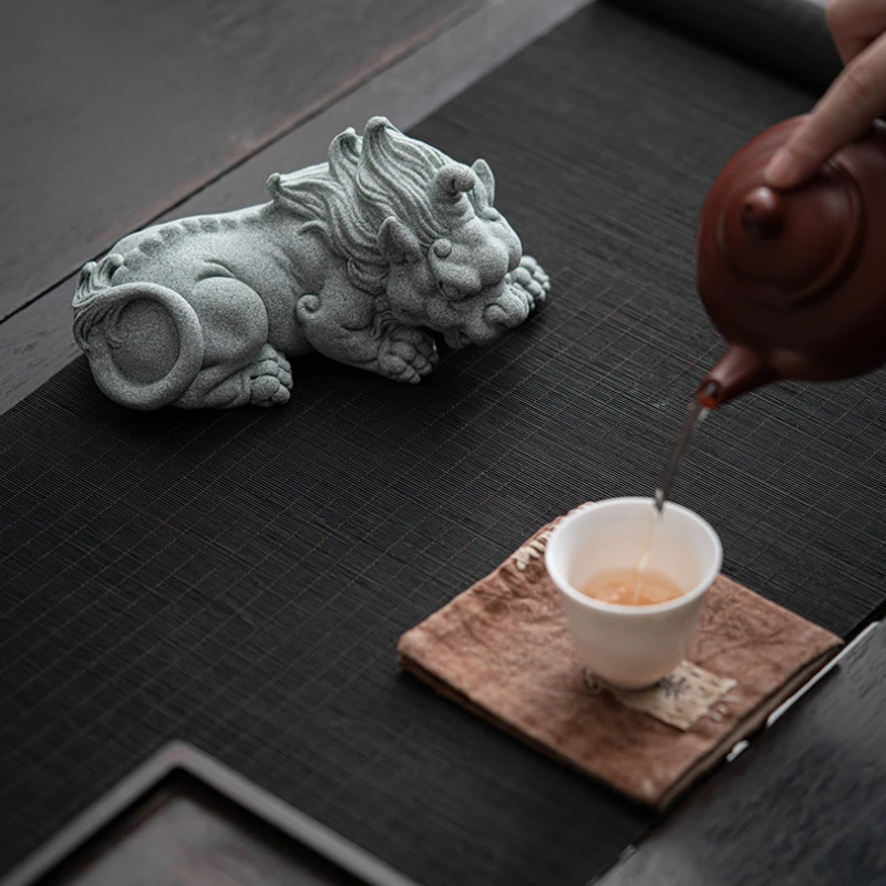 Hand-Carved Cyan Sandstone Pixiu Pair | Ancient Wealth Guardian & Energy Shield