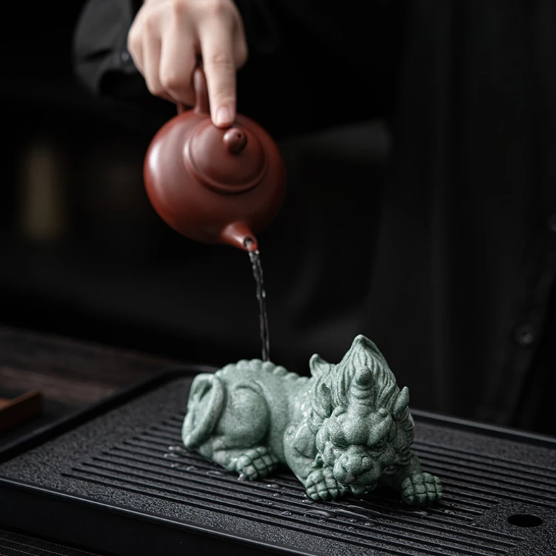 Hand-Carved Cyan Sandstone Pixiu Pair | Ancient Wealth Guardian & Energy Shield