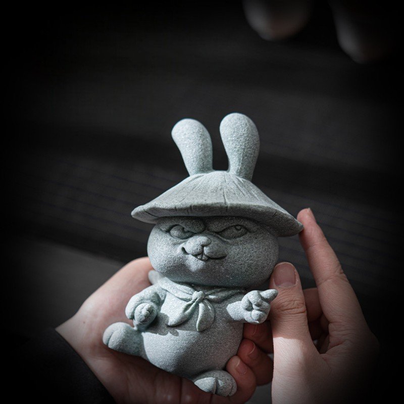 The Trailblazer Rabbit: Hand-Carved Green Sandstone Warrior Statue