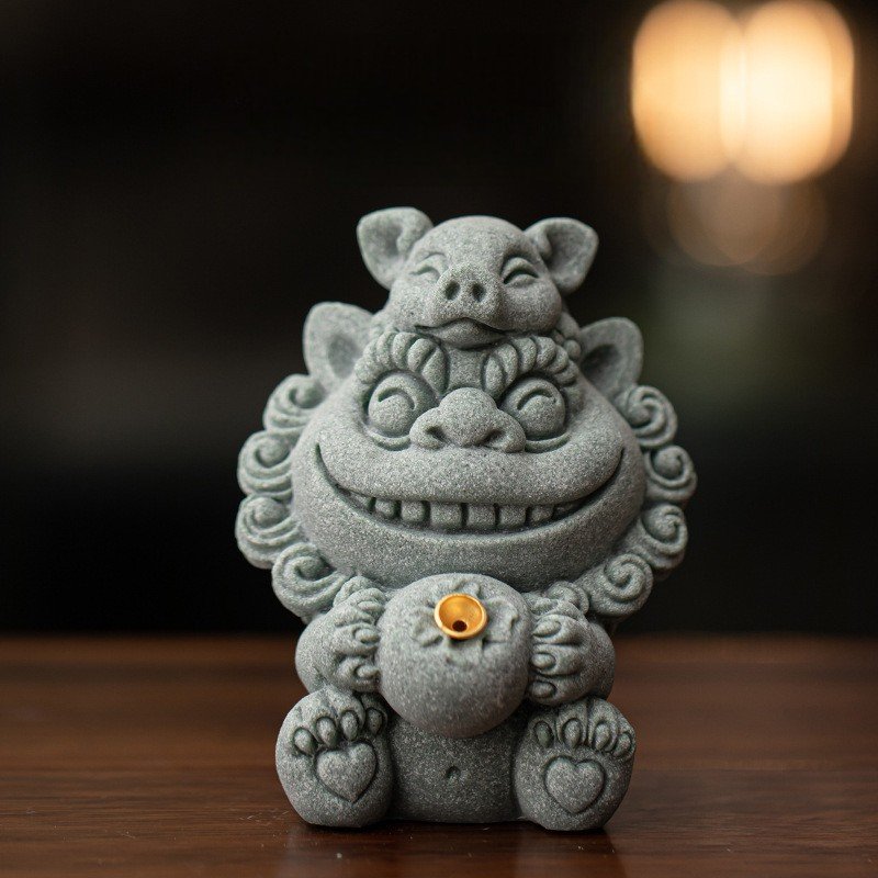 诸事大吉 Cute Foo Dog Tea Pet Collection - Green Sandstone Feng Shui Statues