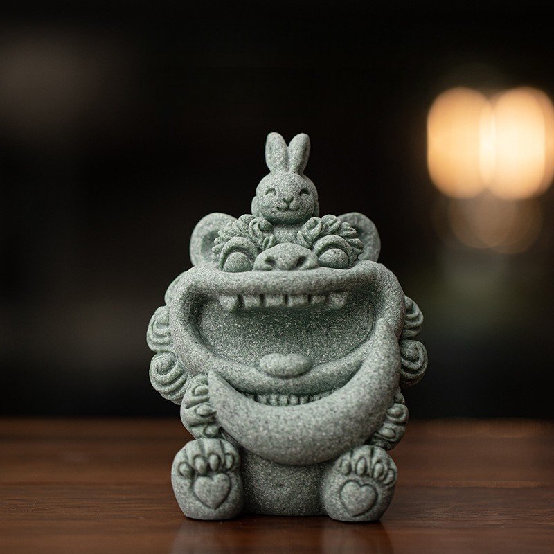 越来越好 Cute Foo Dog Tea Pet Collection - Green Sandstone Feng Shui Statues