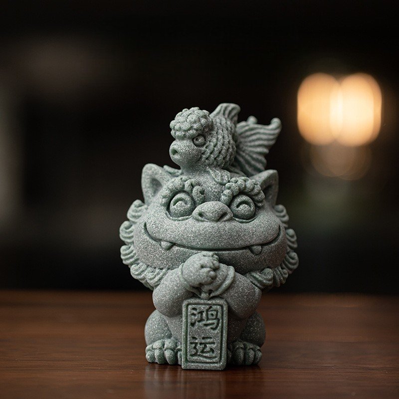 鸿运当头 Cute Foo Dog Tea Pet Collection - Green Sandstone Feng Shui Statues