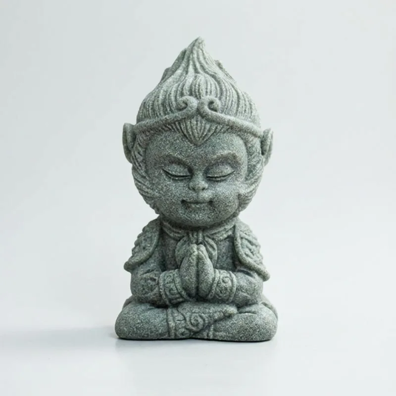 Cyan Sandstone Meditating Monkey King | Mini Zen Warrior Statue (Tea Pet & Aquarium Decor)